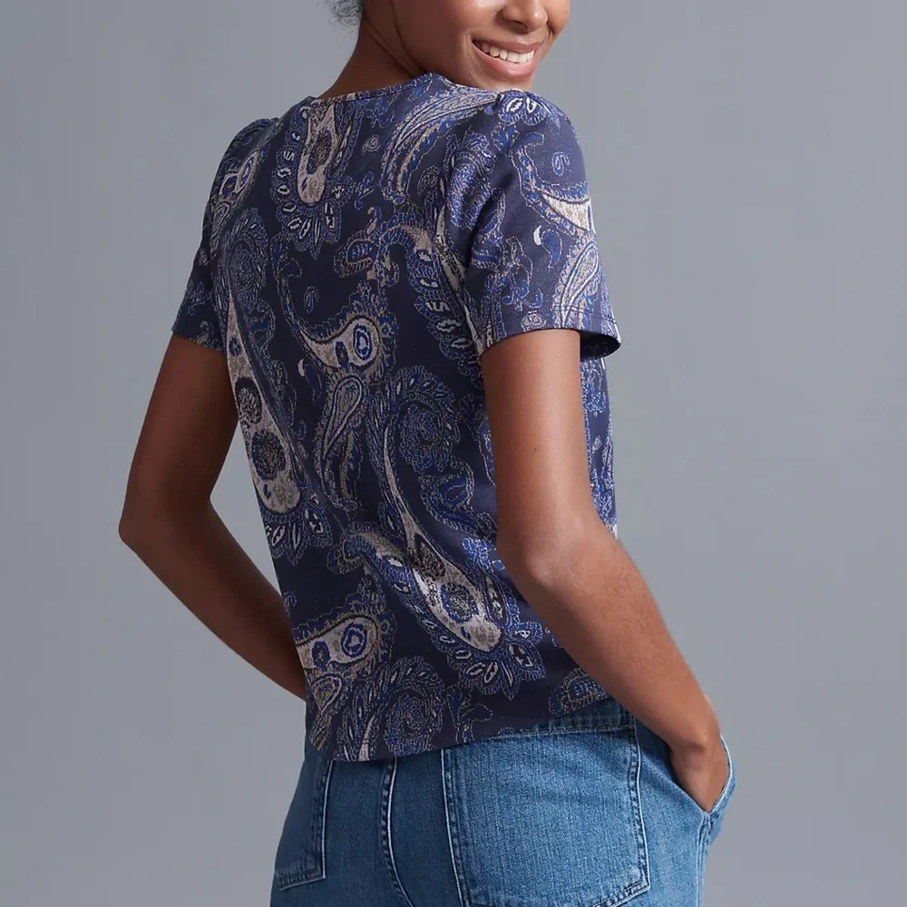 Anthropologie Demeter Blue Paisley Sparkly Puff Short Sleeve Knit Top Size XS